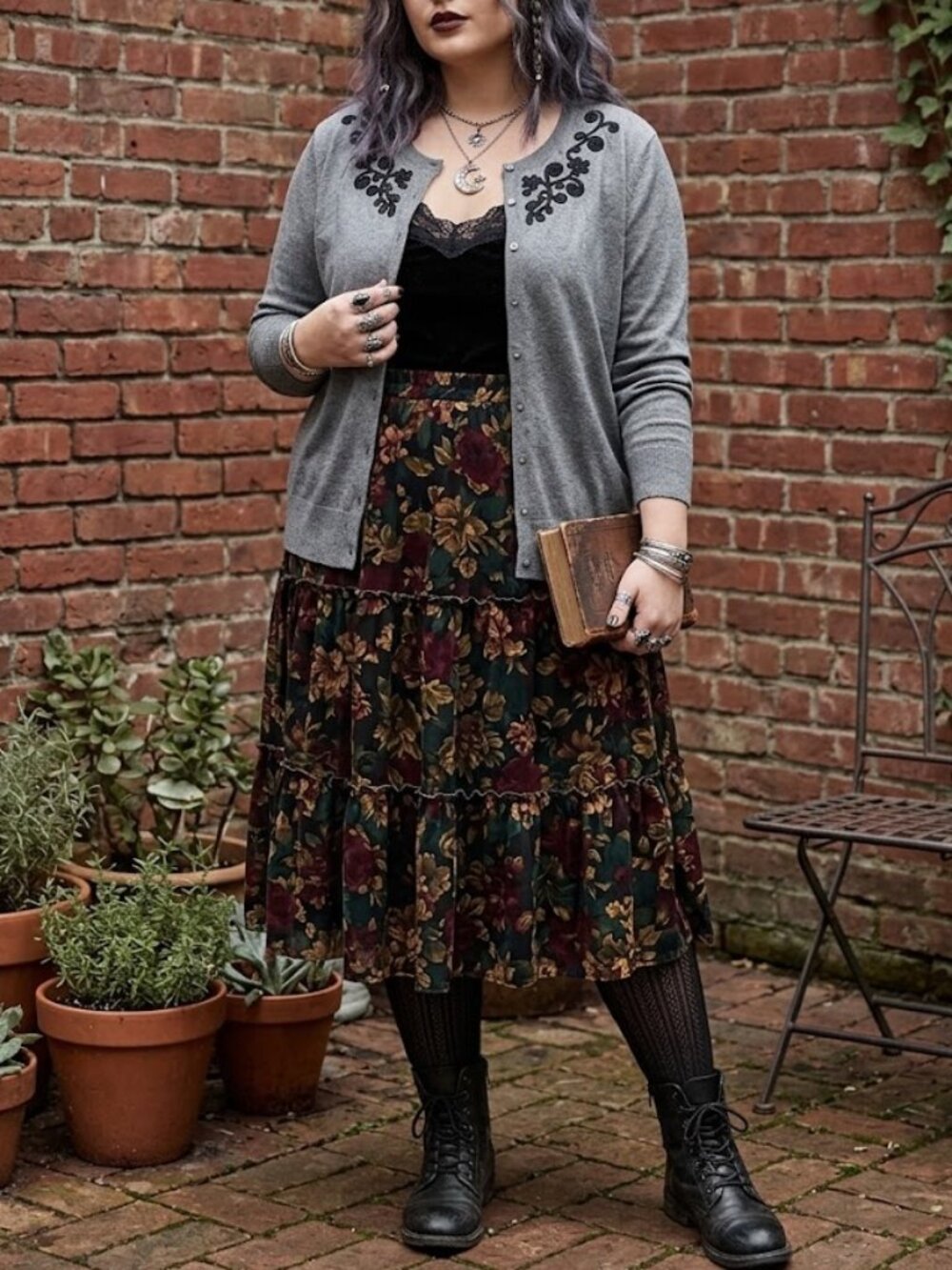 Carolyn Taylor Heather Grey Soutache Embroidered Button Front Cardigan Size L
